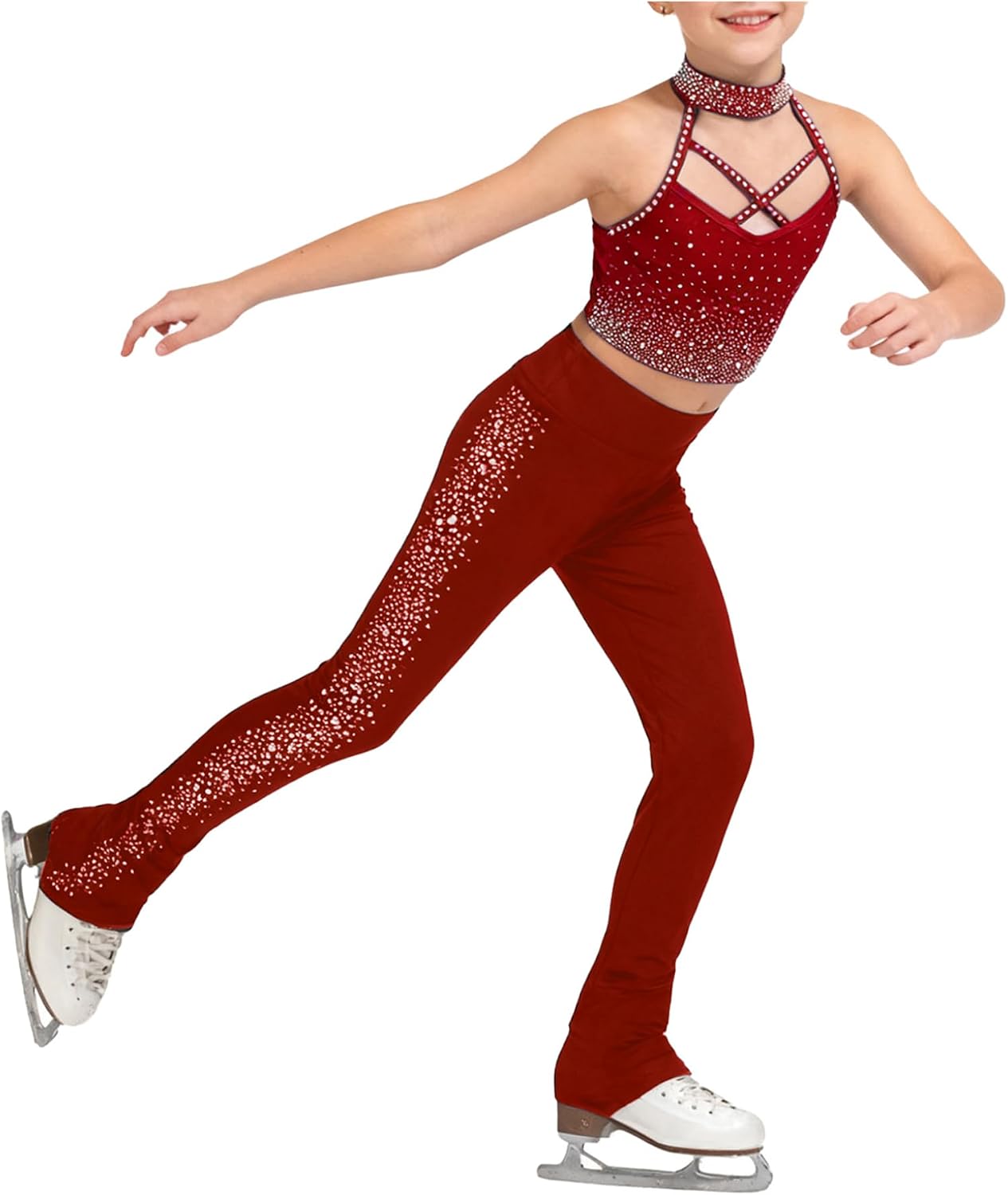 TTAO Kids Girls Figure Skating Outfit Rhinestones Crop Tank Tops with Skating Leggings Gym Training Clothes Burgundy 6 Years