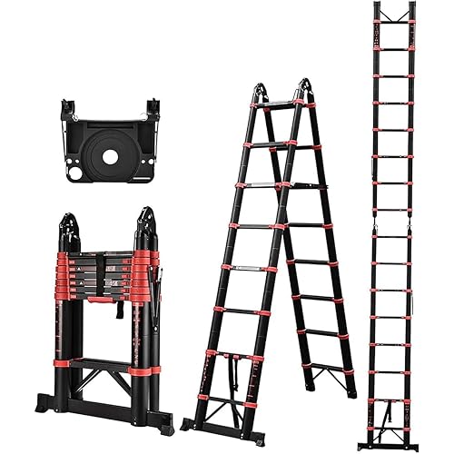 HBTower Telescoping Ladder, 16.5 FT A Frame Ladder, Compact Aluminum Extension Ladder Portable Collapsible Ladder with Stabilizer Bar RV Ladder for Outdoor Camper Trips Motorhome, 330lb Capacity, Red