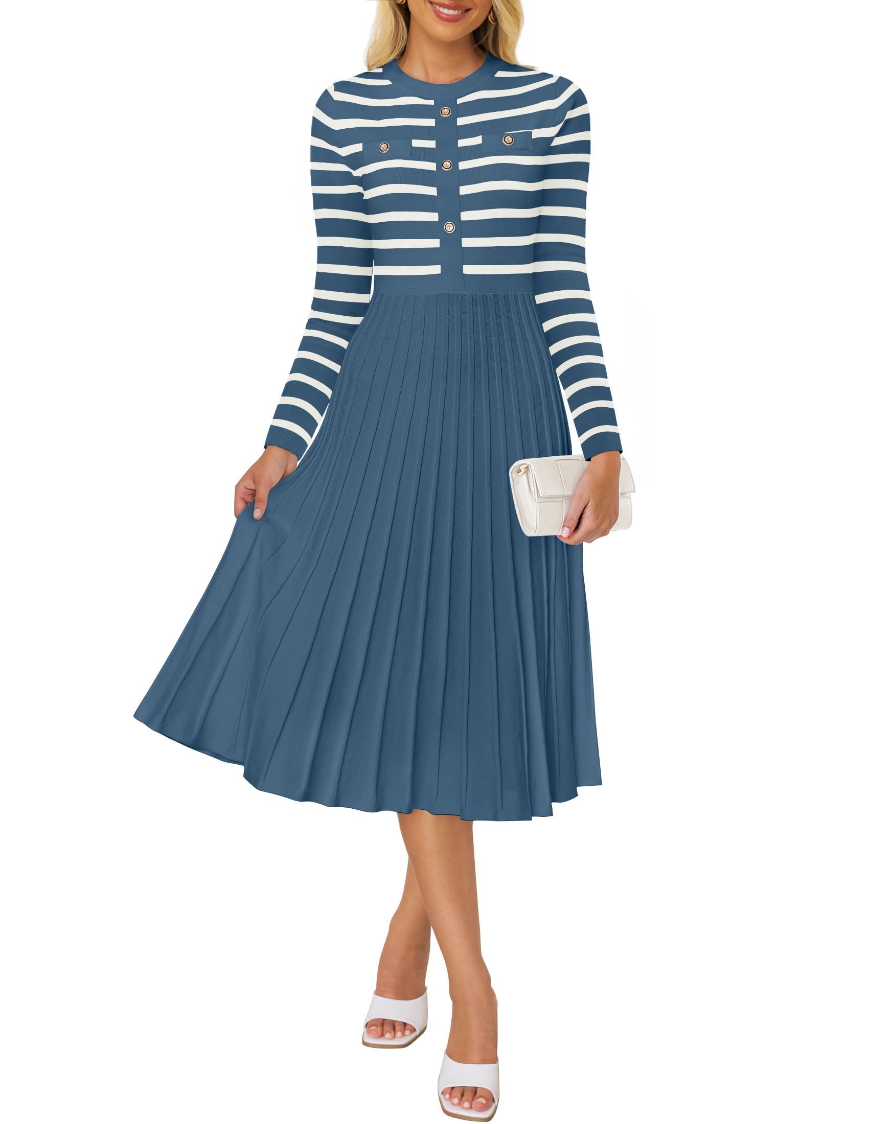 ZESICA Womens Long Sleeve Striped Midi Dresses Crewneck Button Ribbed Knit Pleated A Line Swing Sweater Dress