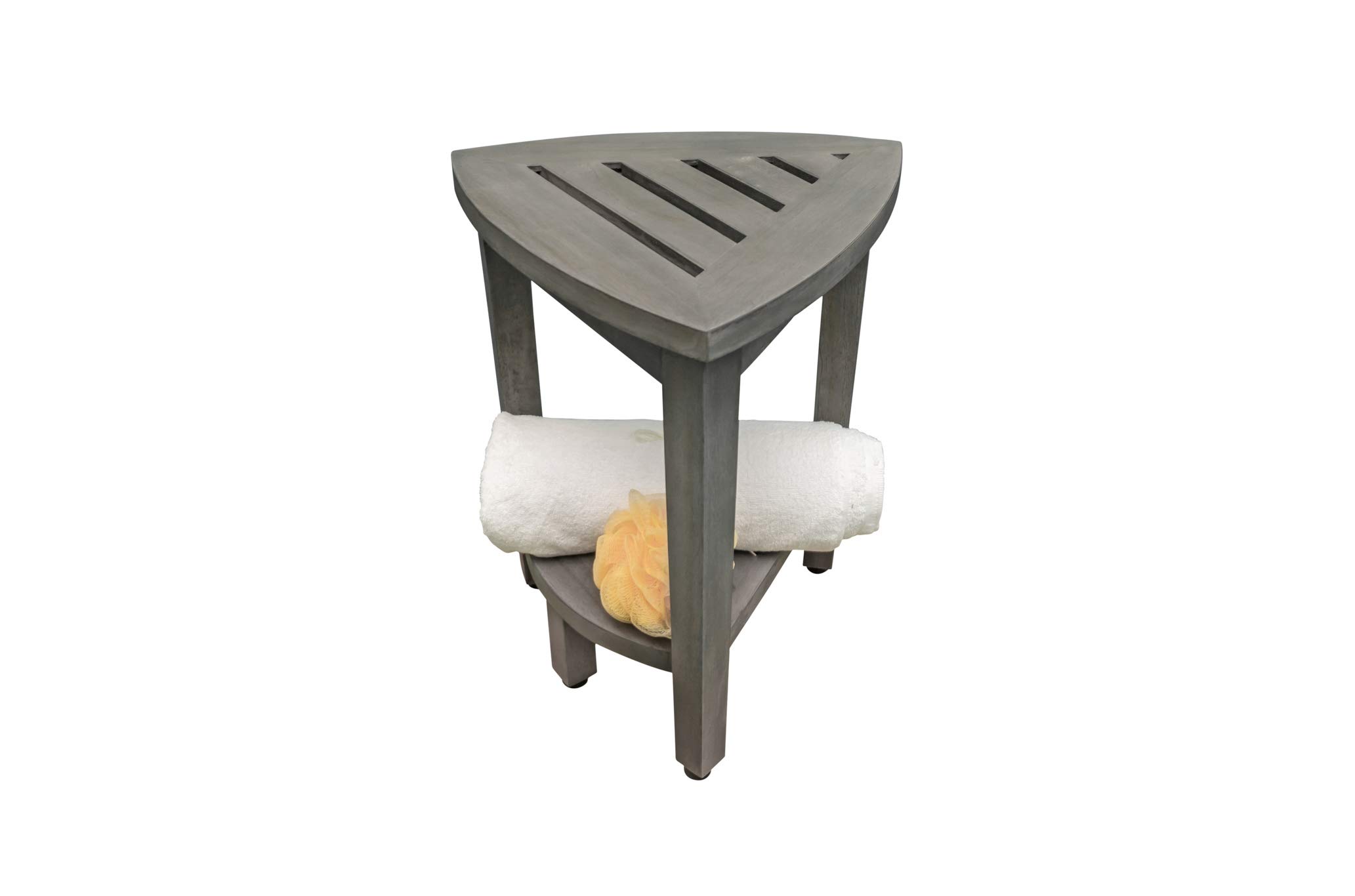 CoastalVogue Flexi Corner - Taburete de esquina de teca para ducha de madera, asiento de ducha de esquina con estante, taburete de esquina de 15 pulgadas en acabado gris antiguo