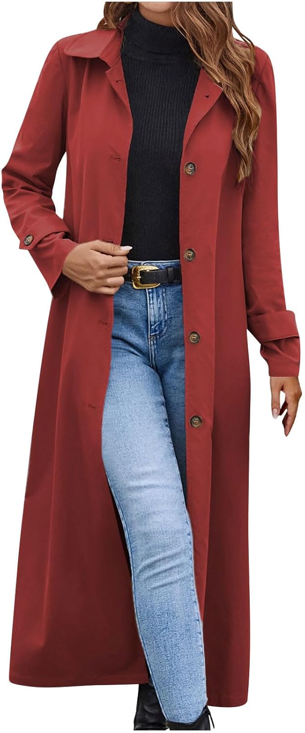 HGps8w Trench Coat for Women Single Breasted Long Windbreaker Classic Lapel Maxi Long Overcoat Jackets with Pockets