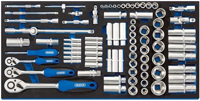 Draper 63540 1/4", 3/8" and 1/2" Socket 84 Piece Set in Full Drawer Eva Insert Tray, Blue