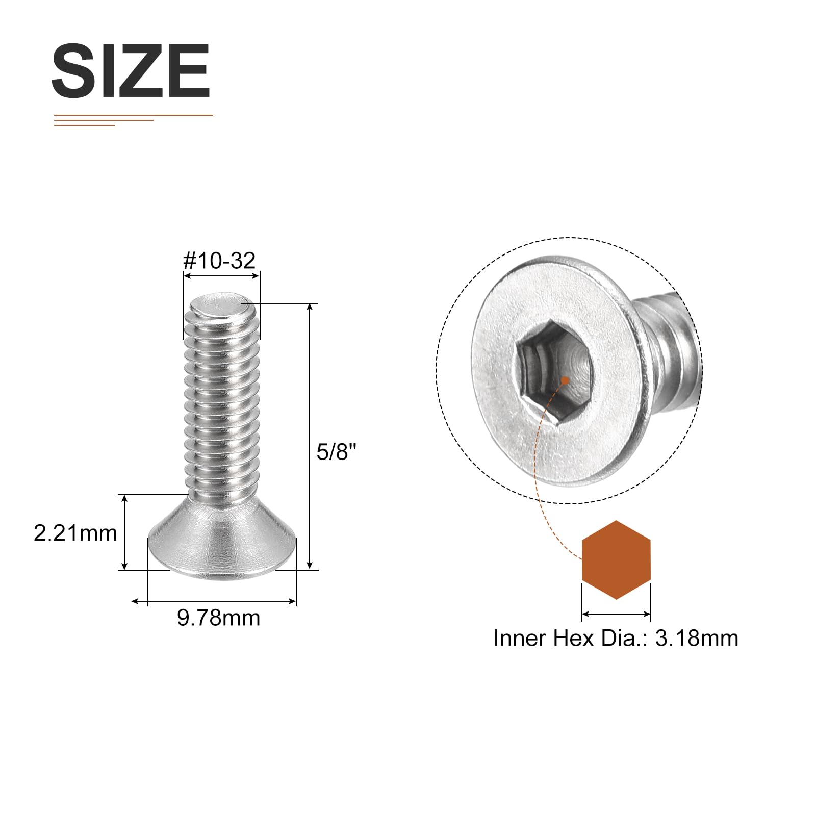 DTGN #10-32 x 5/8" Flat Head Socket Cap Screws, 20 Pack 304 Stainless Steel Hex Socket Flat Head Screws, Full Thread, Countersunk Bolts - Image 2