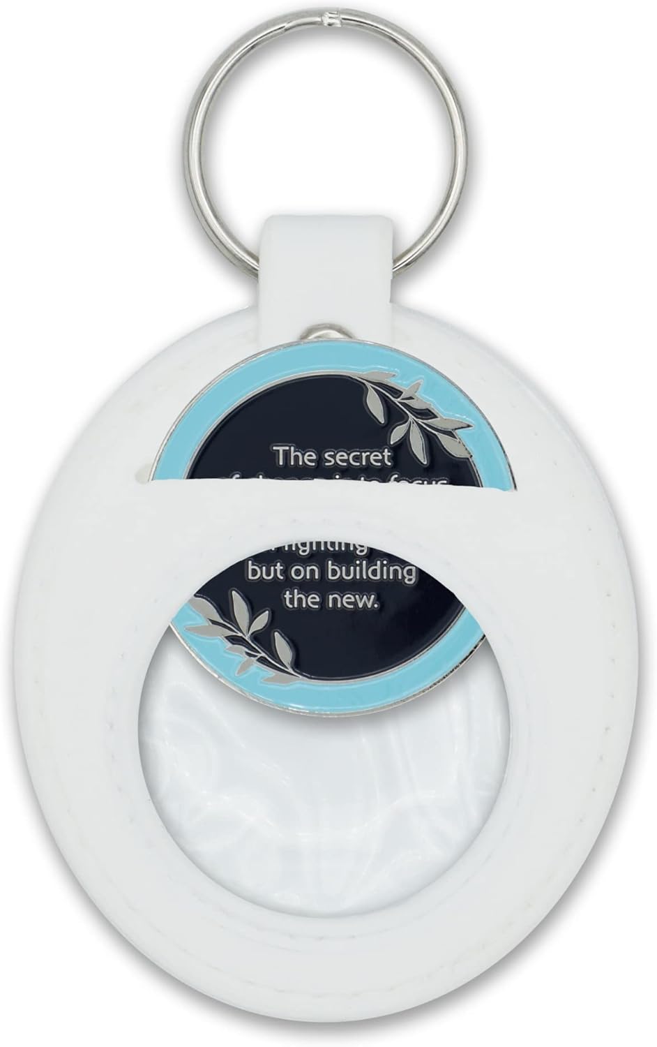 Blue Butterfly Sobriety Chip with White Silicone Coin Holder Keychain