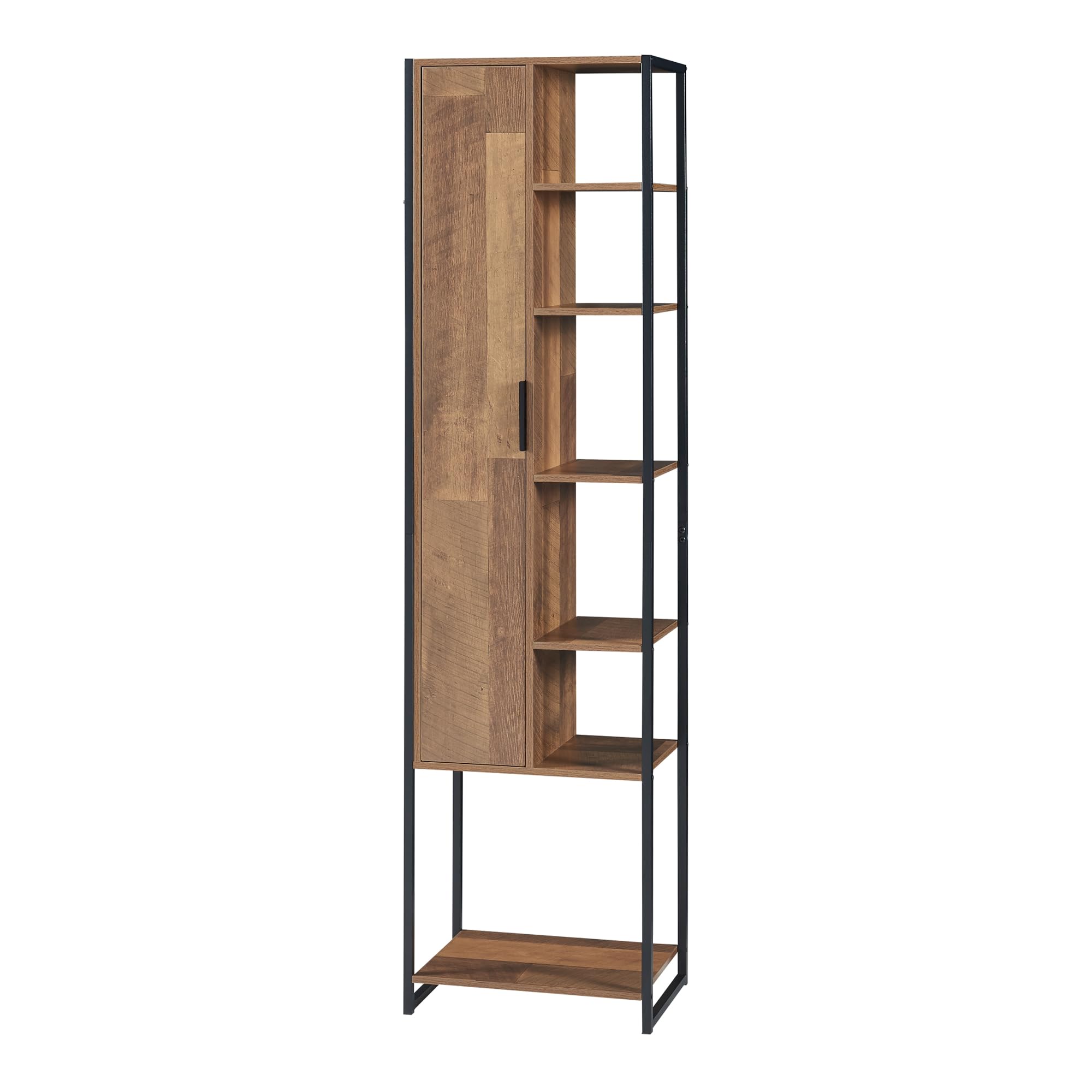 [en.casa] Mobile a Colonna per Bagno Armadio Alto Stretto con Anta e Ripiani Arredo Bagno 165 x 42,5 x 30 cm Nero/effetto Legno Intarsiato color Noce