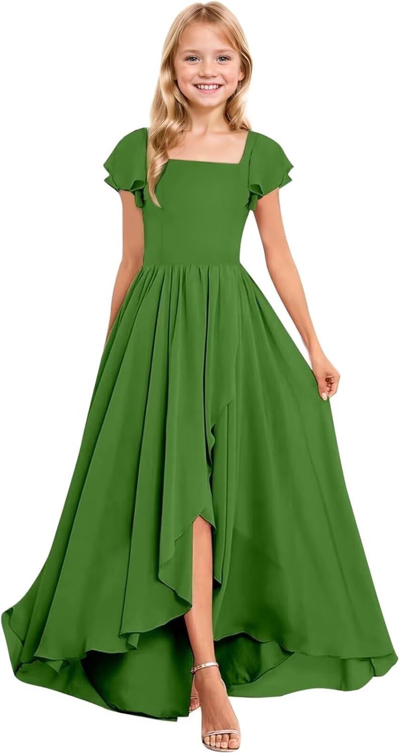 Junior Bridesmaid Dresses Square Neck Chiffon Flower Girl Dress Ruffle Girls Formal Wedding Party Dress