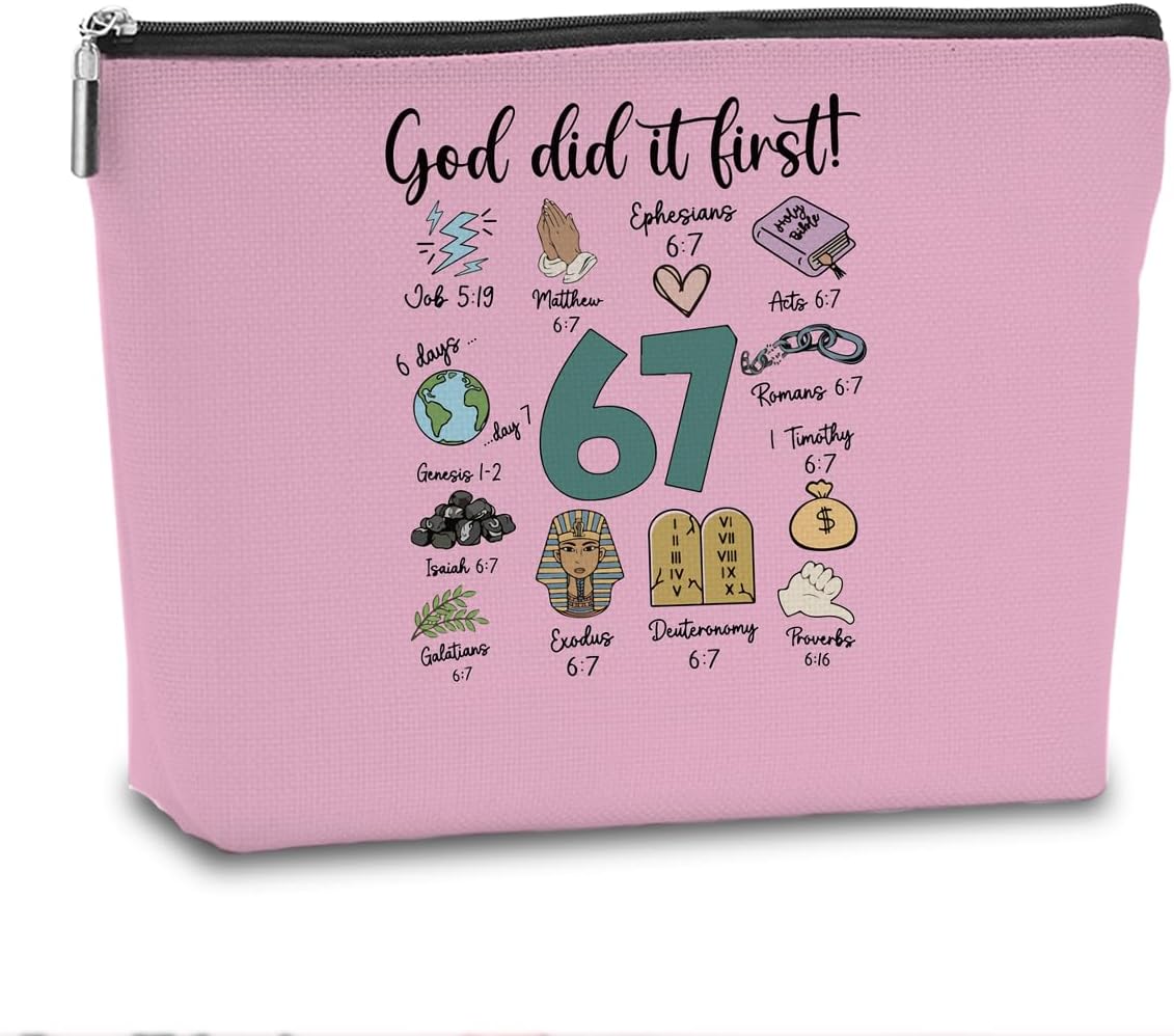 Christian Six Seven 67 Makeup Bag Inspirational 6 7 Meme Cosmetic Bag Gag Funny Gifts for Women Girls Daughter Sister Coworker Best Friends Trendy 67 Meme Christmas Friendship Birthday Gifts, Pink