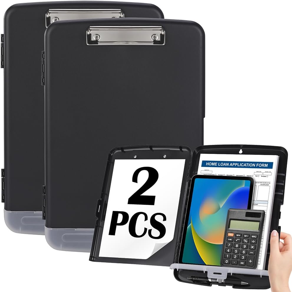 Clipboard with Storage, 2PCS-Black-Plastic, OFFSHIFTER Document case with Pen Slot, A4 Clipboard with Thin Clip Side Opening, Suitable for Office, Home, School Use