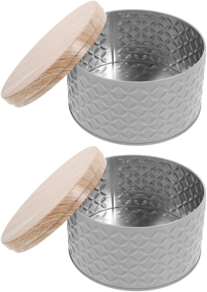 GARVALON 2Pcs Decorative Cookie Storage Tin with Lid, Metal Biscuit Snack Jar, Gray Round Mini Cake Container for and ’S Candy Packaging