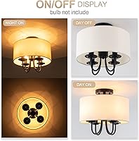 Vista 6 de VILUXY Lámpara de techo de montaje semiempotrado con pantalla de tambor de tela en color blanco roto, lámpara de araña moderna con acabado negro