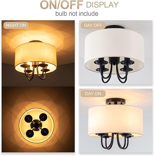 Miniatura 6 de VILUXY Lámpara de techo semiempotrada de tela blanca rota, lámpara moderna con acabado negro para dormitorio, comedor, pasillo, sala de estar, 4