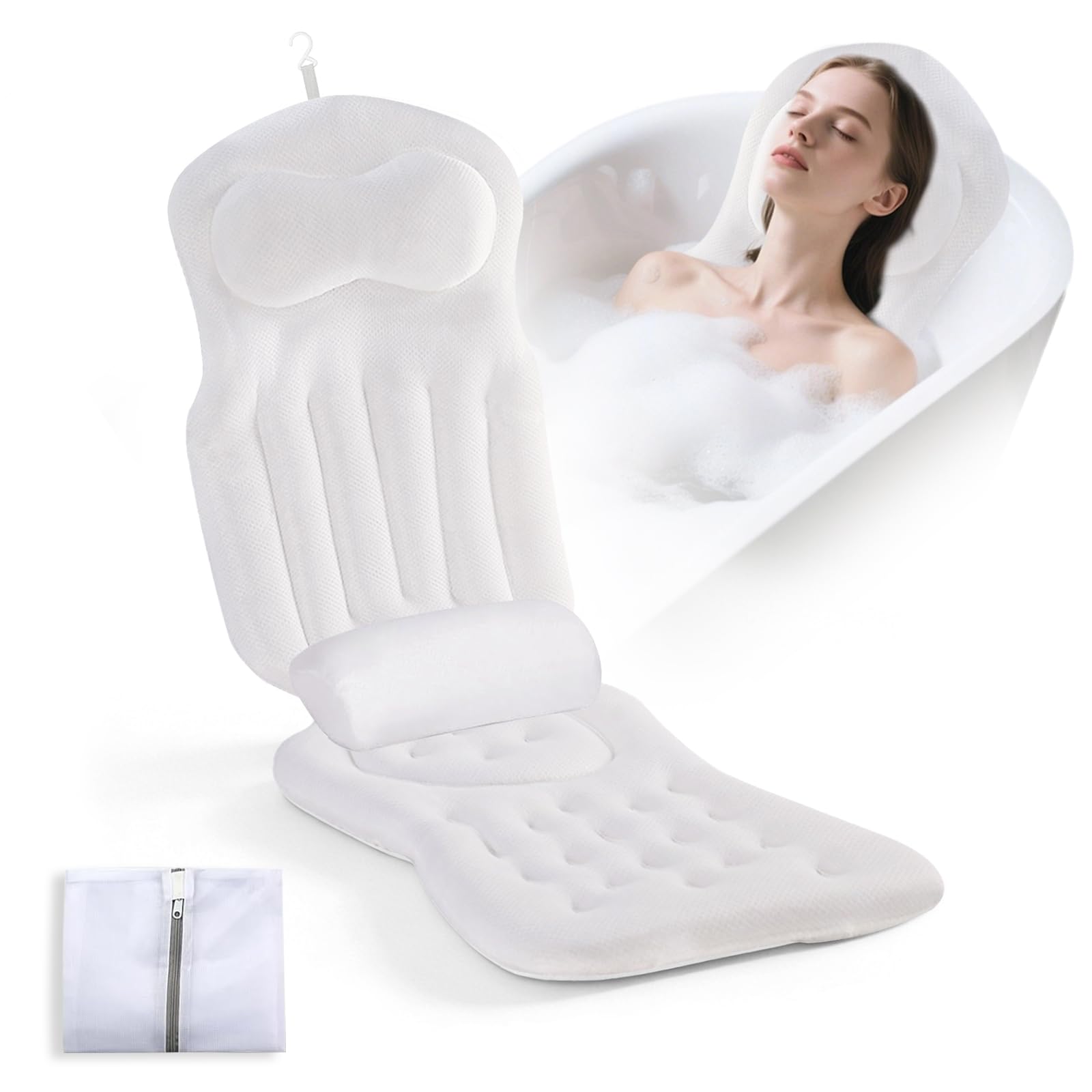 Cojines Bañera de Cuerpo Completo para, Bañera con tapete de Burbujas con Reposacabezas y Soporte Lumbar, Cojines de bañera para sofá de baño con ventosas y Ganchos para Colgar (Blanco)