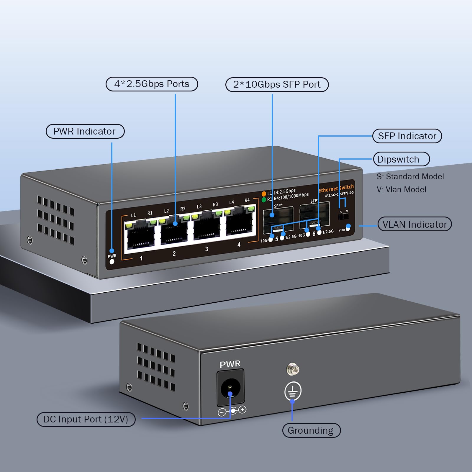 Commutateur Ethernet non-géré 2,5G à 6 ports, 4 x ports 2,5G Base-T, 2 x SFP 10G, pour 100/1000/2500Mbps, VLAN, commutateur réseau 2,5G sans ventilateur, design de bureau/montage mural pour NAS/PC (6)