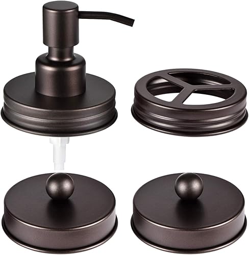 Mason Jar Bathroom Accessories Lids Set(4pcs) - Jar Not Included - Soap Dispenser,Toothbrush Holder, Apothecary Storage Jars Lids for Regular Mouth