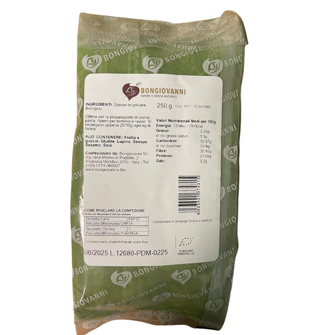 BONGIOVANNI FARINE E BONTA' NATURALI Spinaci disidratati in polvere 250g BIO (Confezione da 2)
