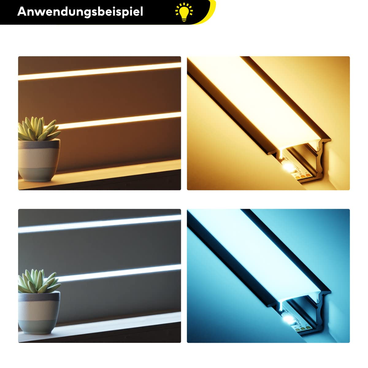 Profilo in alluminio a LED nero, 200 cm, profilo da incasso, copertura opale, per strisce LED da 12 mm, principale