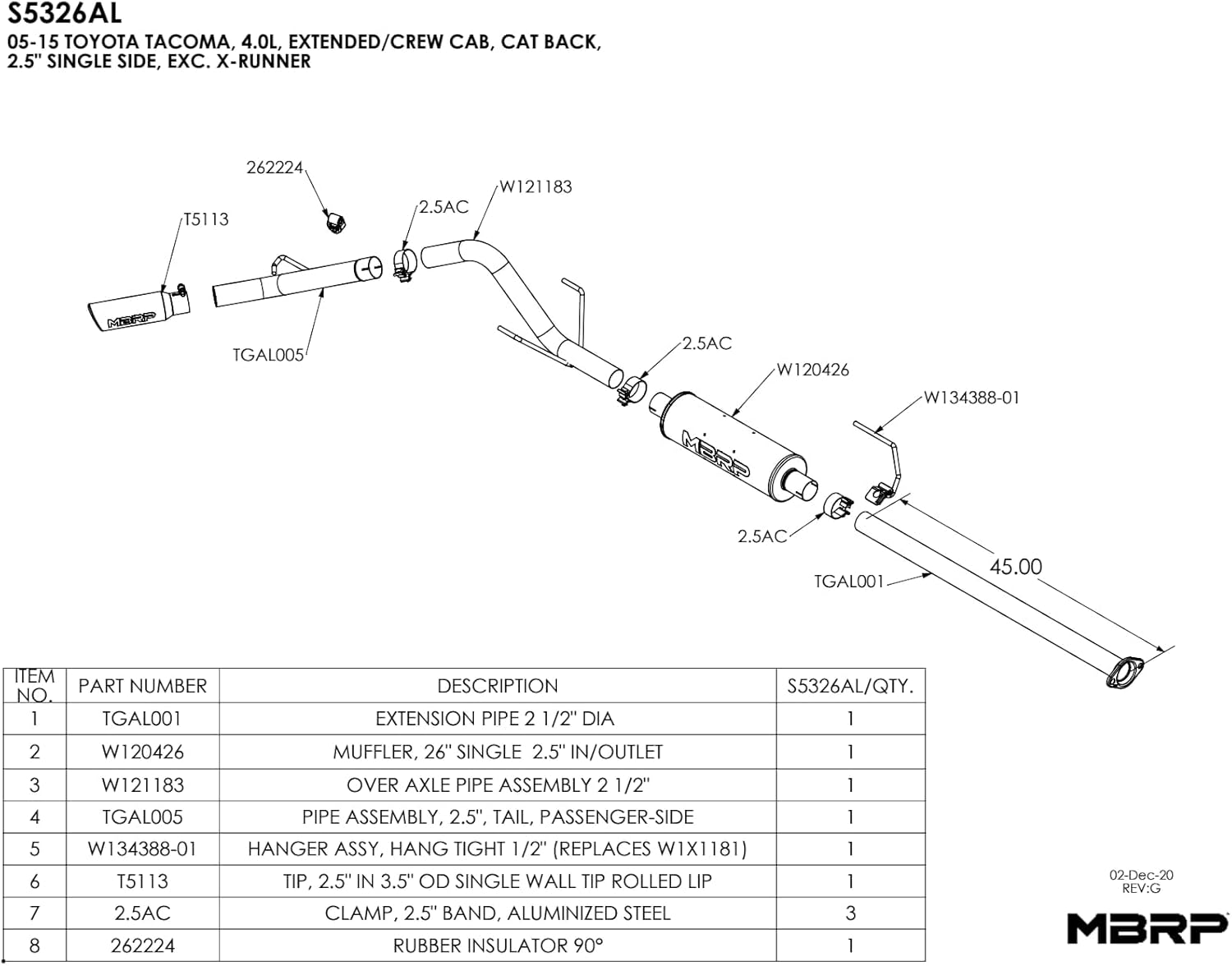 MBRP S5326AL 2.5" Cat Back, Single Side Exhaust System (Aluminized Steel)