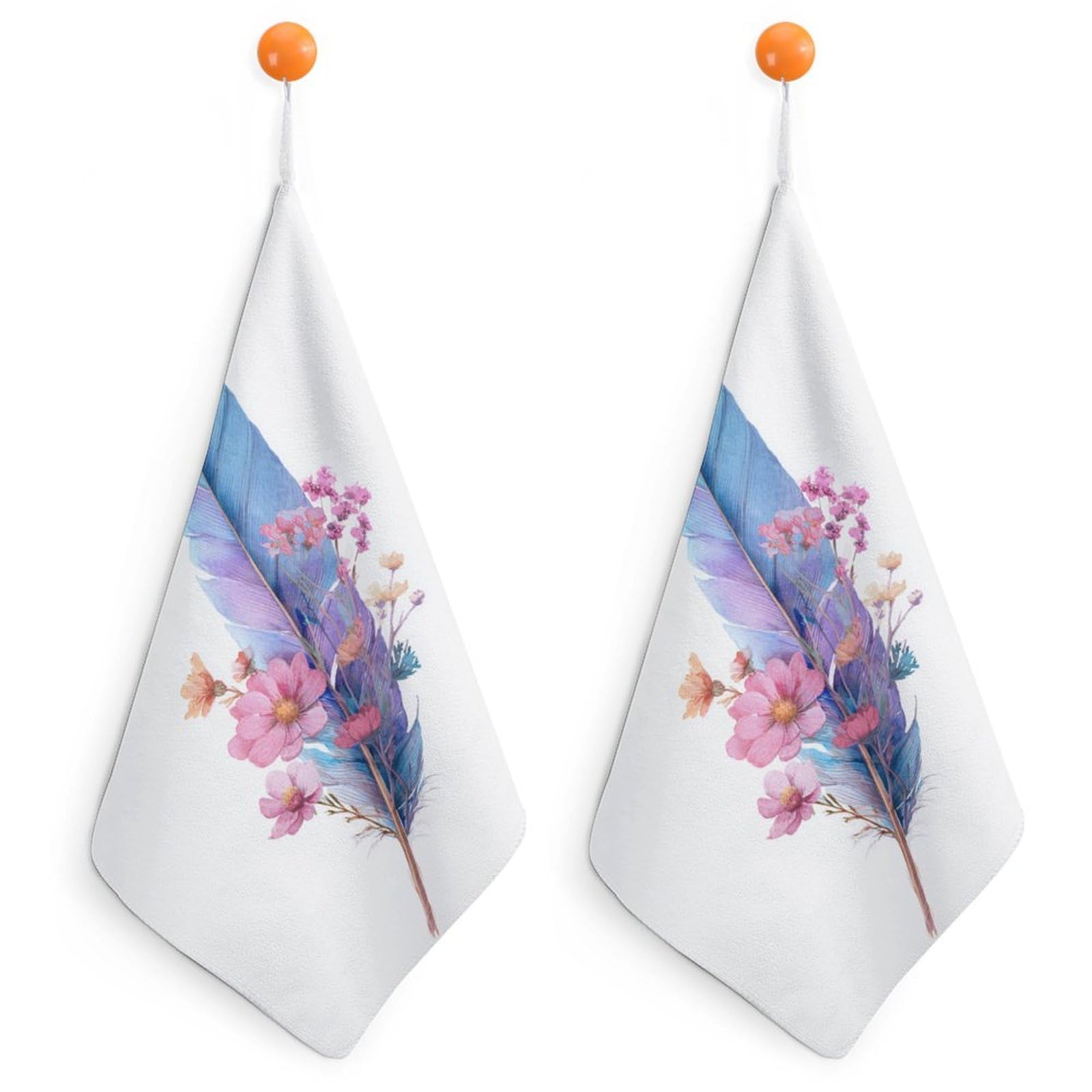 Jubonexis Watercolor Blue Feather with Wildflowers Small Hand Towel with Hanging Loop 2 PCS Absorbent Soft Wash Cloth for Kitchen Bathroom