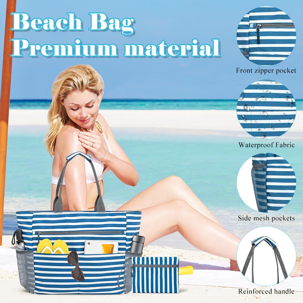 Große Strandtasche mit Reißverschluss für Familie, Faltbare XXL Beach Tote Bag, Große Badetasche Damen, Wasserdichte Sandabweisend für Strand, Pool, Picknick & Reise