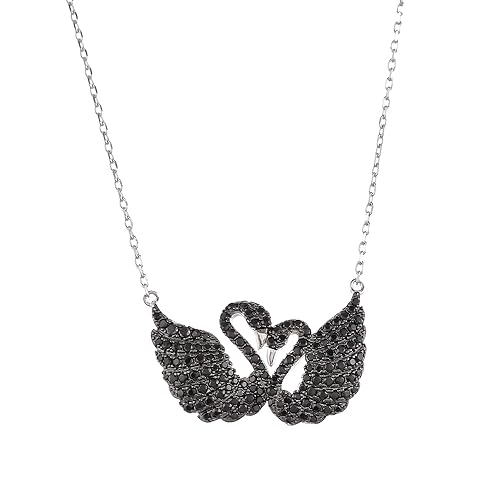 La Glitz 92.5 Pure Silver Double Swan Pendent with Chain/Black Zirconia stones and Platinum Finish BIS Hallmarked