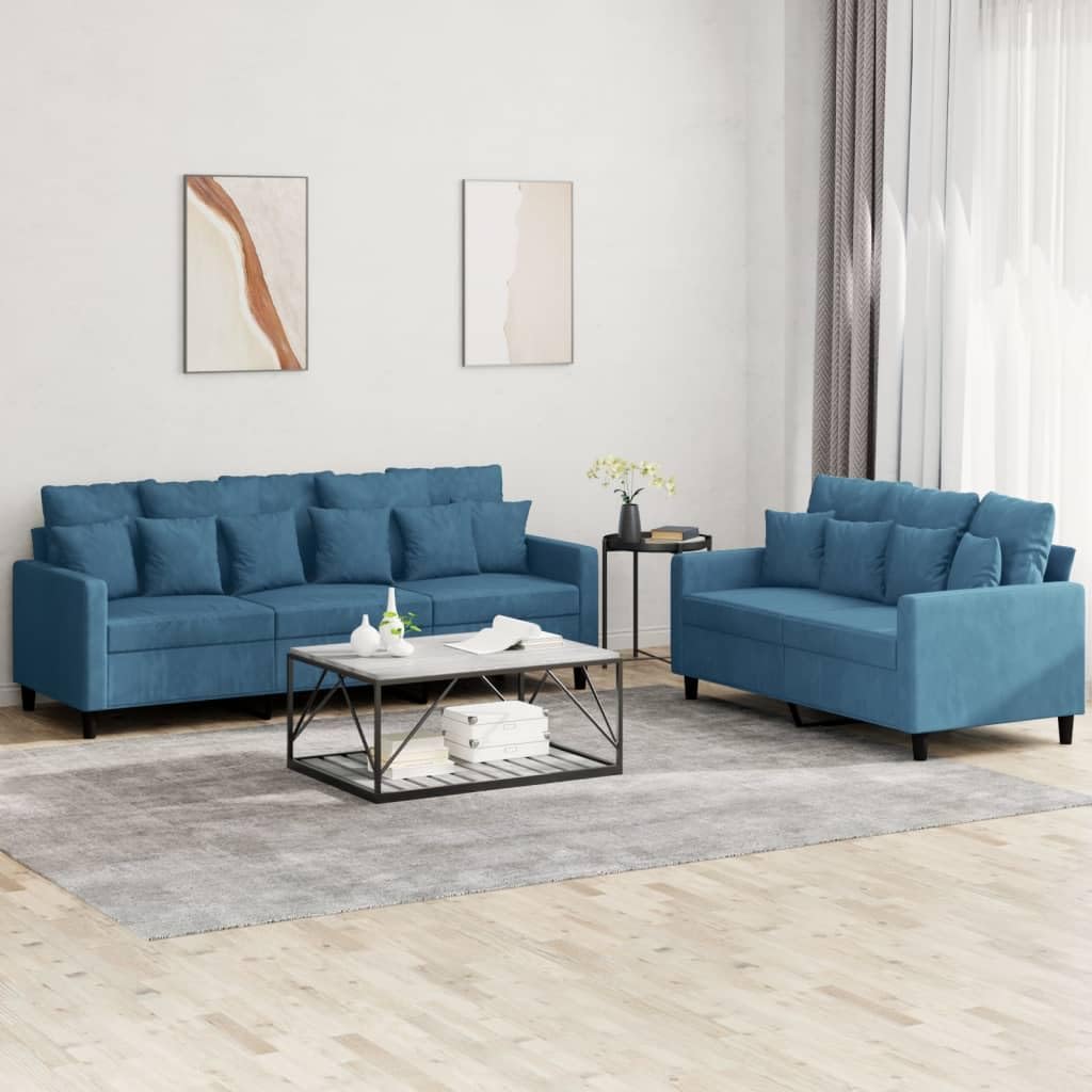 Set Canape 2 Pezzi Velluto Blu | Struttura contropiastra e metallo, seduta imbottita, 110 kg per sedile, confortevole per soggiorno