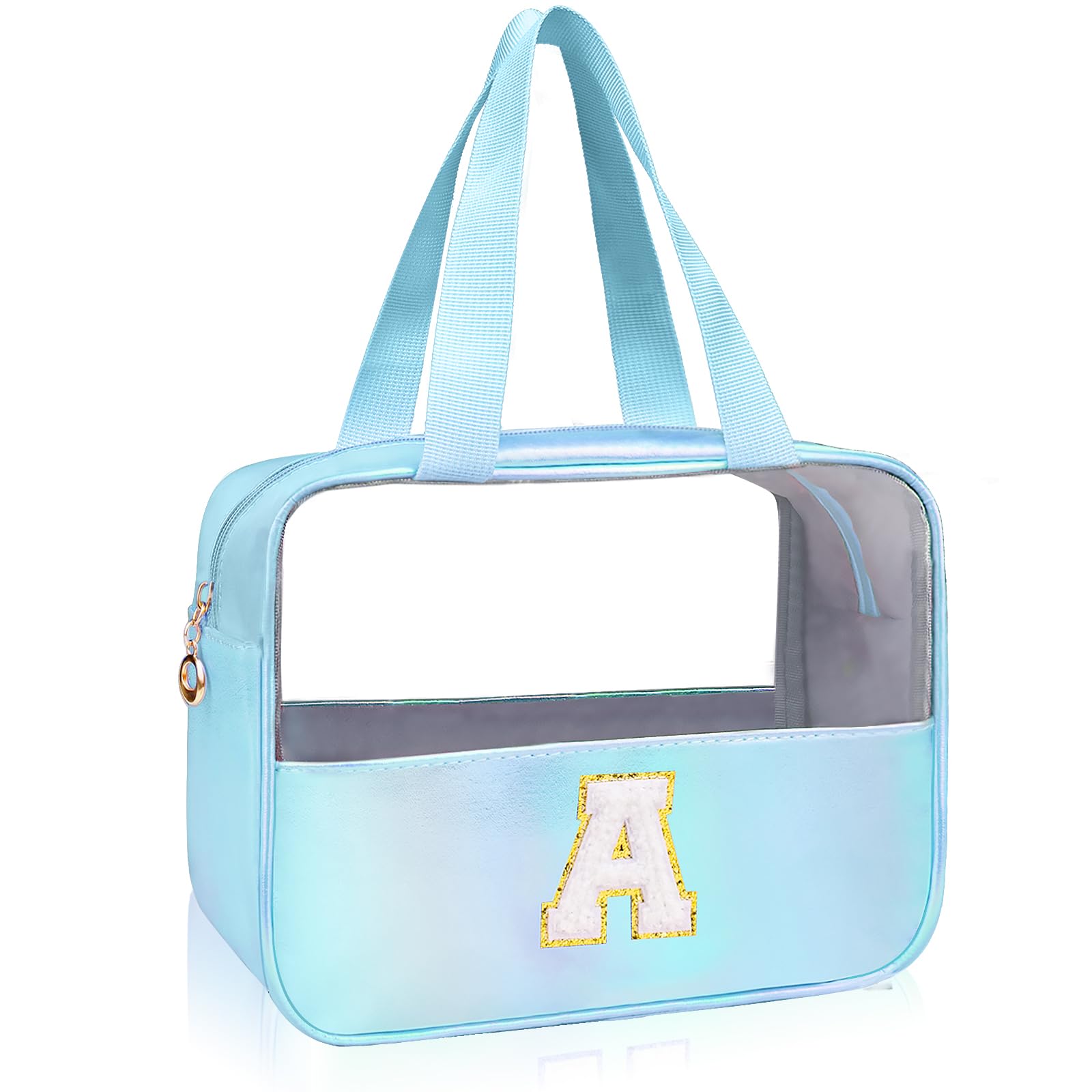 Personalized Initial Clear Makeup Bag Blue Cosmetic Bag Set Large Travel Toiletry Bag, Cute Clear Make Up Bags Organizer Bag for Girlfriend Teacher