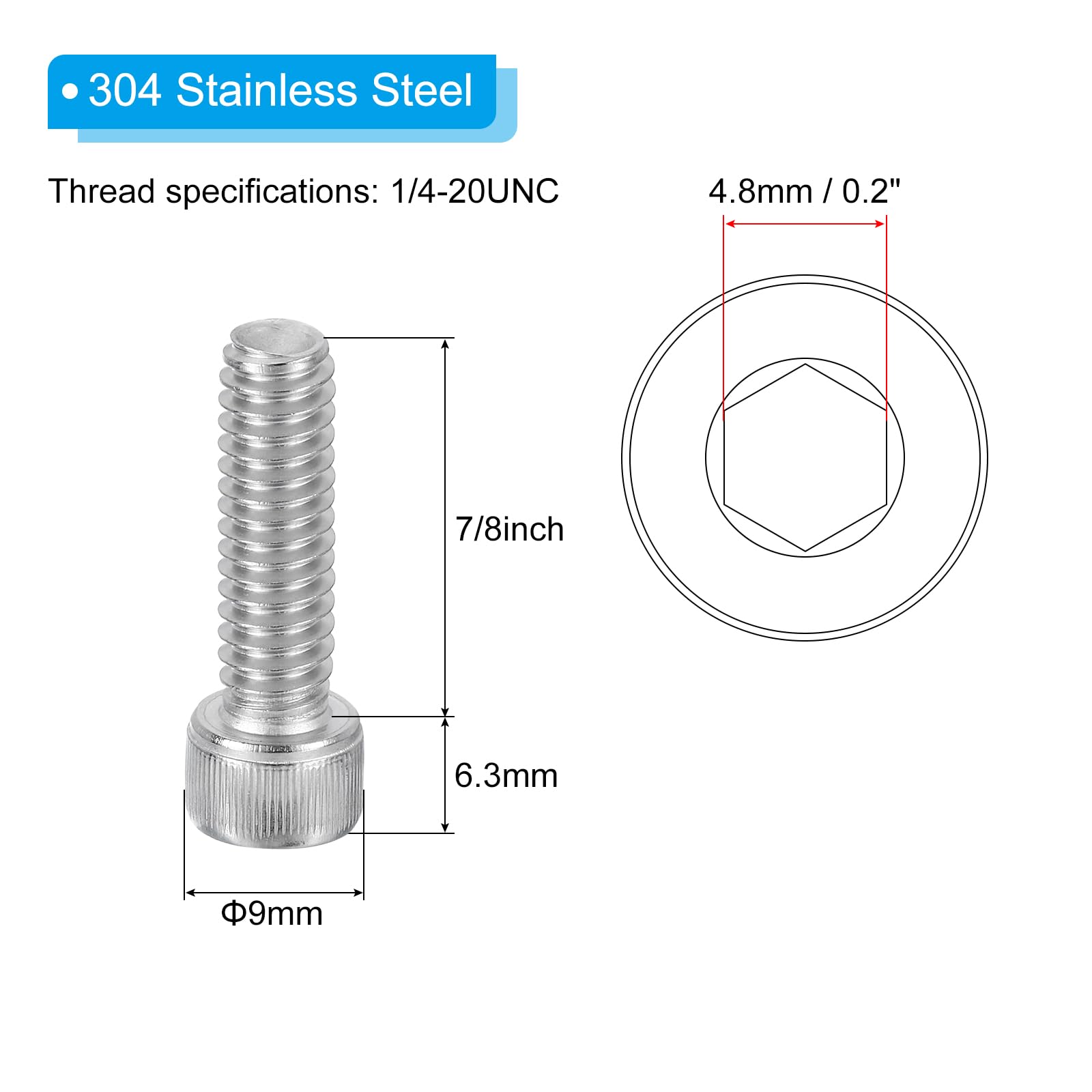 PATIKIL 1/4-20 x 7/8" Hex Socket Cap Head Screw Bolt, 30Pcs 304 Stainless Steel 18-8 - Image 2