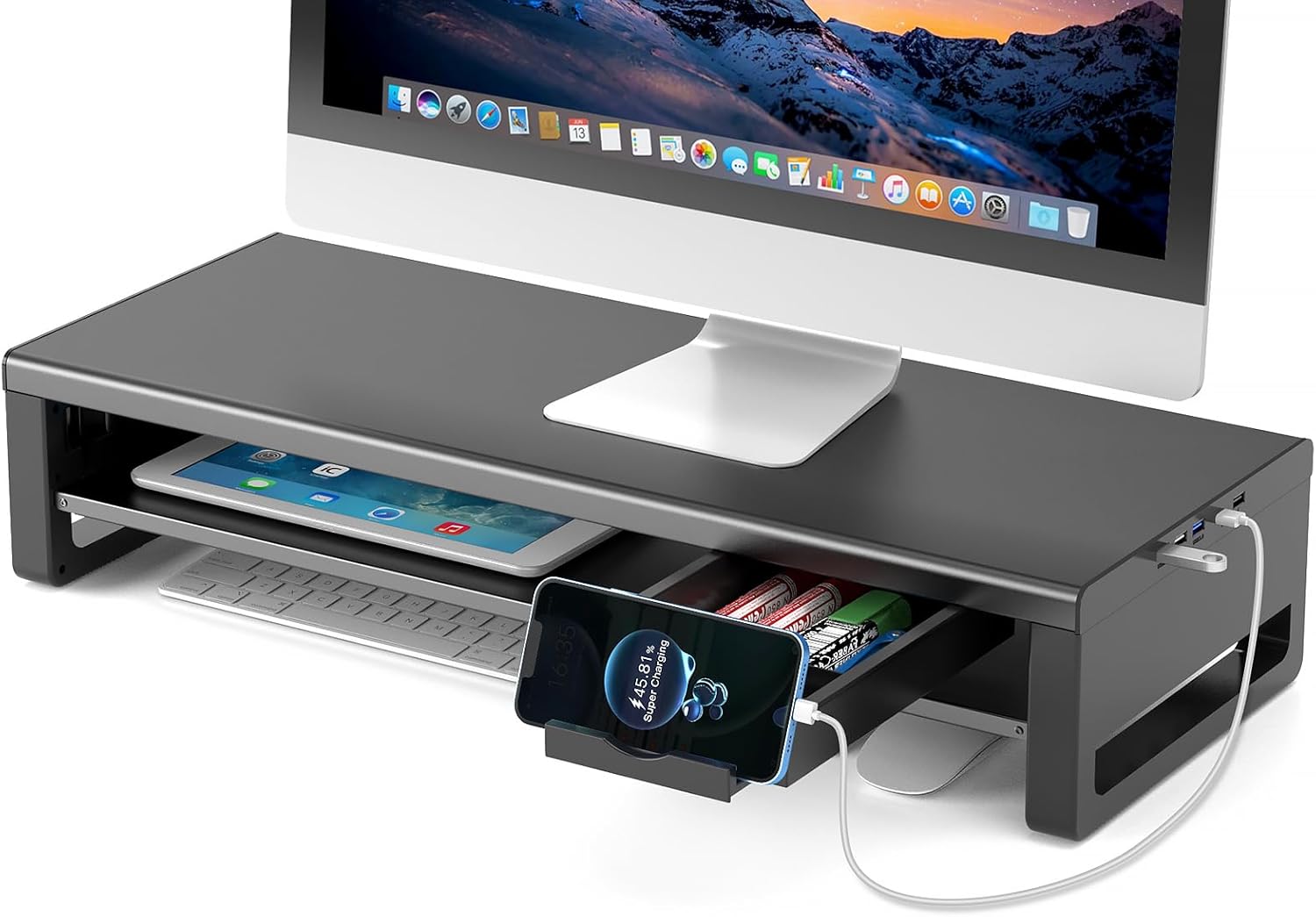 EAYHM モニター台 USB2.0/3.0データ転送付き 机上台 USB/TYPE-C充電付き モニタースタンド 引き出しとスマホ