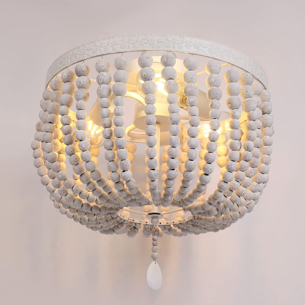 FIRVRE 3-Ligero Gris blanco Lámpara de Techo de Cuentas de Madera Natural Retro E27 Bohemian Esférico interior candelabro casa de campo Plafón para Comedor Dormitorio Sala de estar Restaurante
