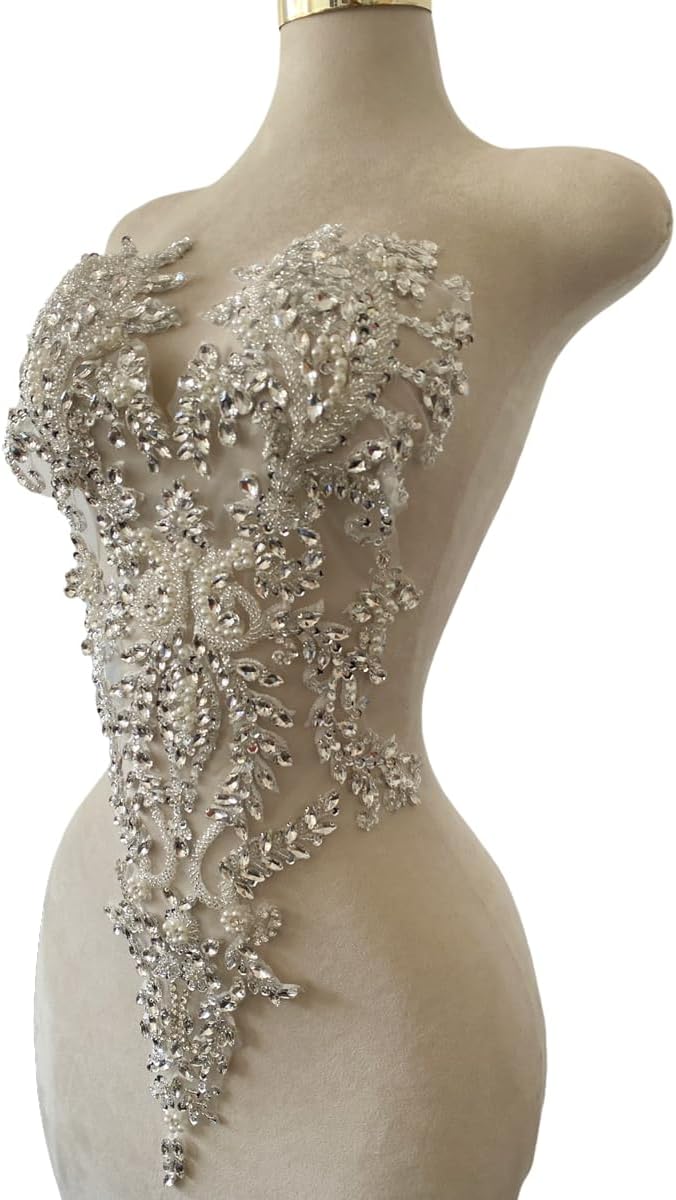 Handmade Bodice Rhinestones Applique Sewing Glass Beads Big Stones Crystal Trim Lace Patches Perfect Decoration Accessories for Dress Clothing (Silver)