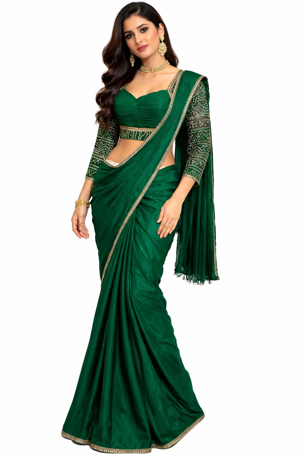 Green Saree with Full Stitched Bandhani Blouse, Real Mirror Work, Traditional Indian Ethnic Wear-image-0
