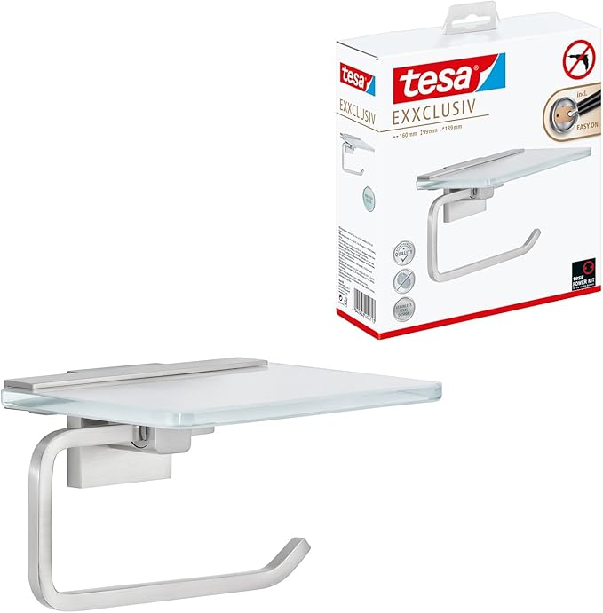tesa EXXCLUSIV - portarrollos para Papel Higiénico con Tapa - Montaje sin Taladrar - Alta Fuerza de Fijación con Tecnología Power.Kit - 47 x 141 x 131 mm - Acero Inoxidable