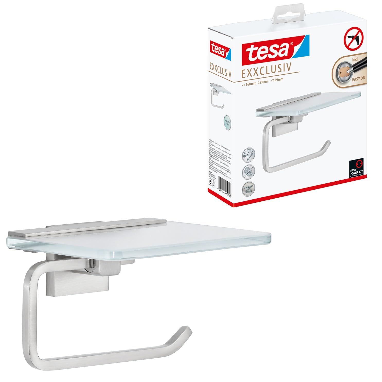 tesa EXXCLUSIV - portarrollos para Papel Higiénico con Tapa - Montaje sin Taladrar - Alta Fuerza de Fijación con Tecnología Power.Kit - 47 x 141 x 131 mm - Acero Inoxidable