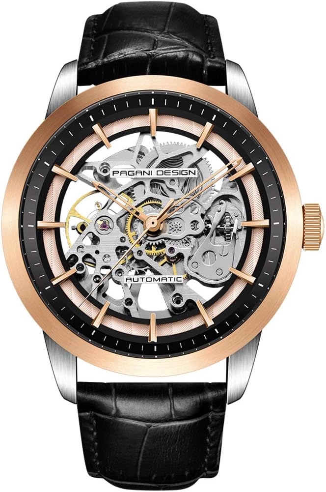 Automatic Mens Watches Skeleton Mechanical Wrist Watch for Men Waterproof Genuine Leather Watchband Luxury Self-Winding Stainless Steel Analog Watch for Men Collection PAGANI DESIGN