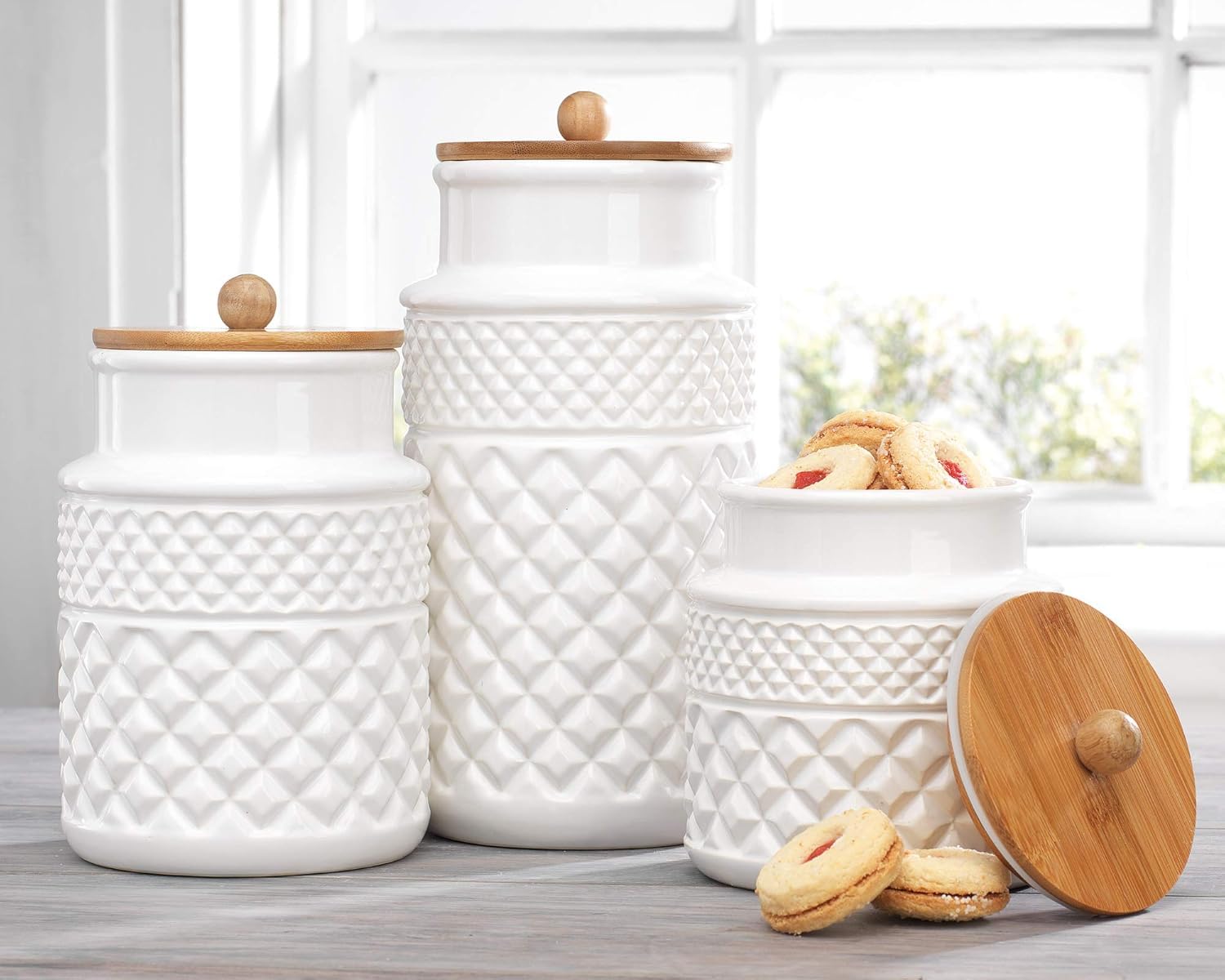 Amazon.com: MosJos Set of 3 White Canisters Embossed Faceted