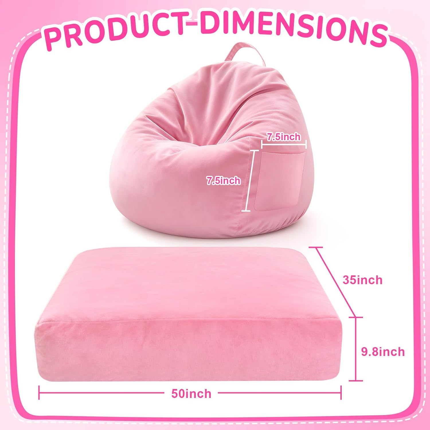 Bean Bag Chair Bed for Kids, Convertible Beanbag Chair to Bean Bag Bed with Top Handle & Machine Washable Soft Corduroy Fabric, Stuffed Floor Sofa Couch Sofa Bed for Boys and Girls, Pink