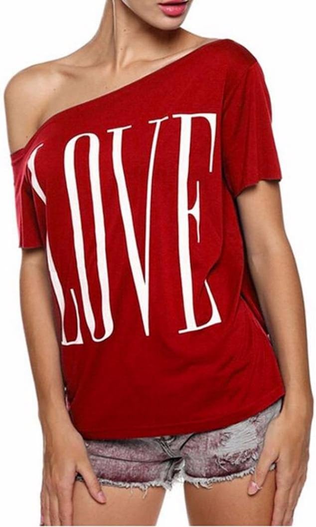 AIMTOPPY Women Love letters Off Shoulder Short Sleeve Blouse Casual Tops T-Shirt (M, Red)