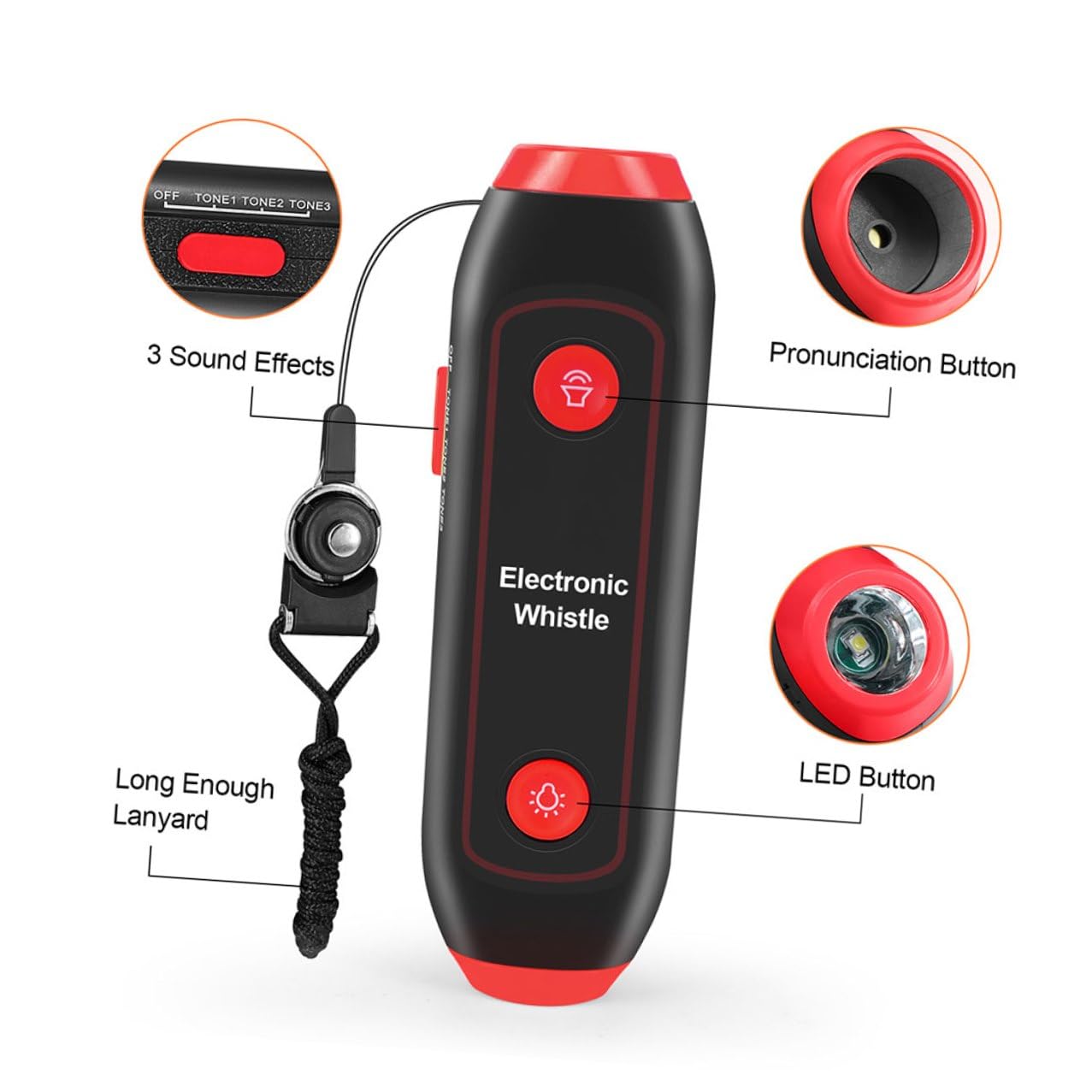 Cabilock Silbato Electrónico de Árbitro con Sos y Linterna, de Mano, con Cordón, 3 Tonos y 3 Niveles, Adecuado para Entrenadores