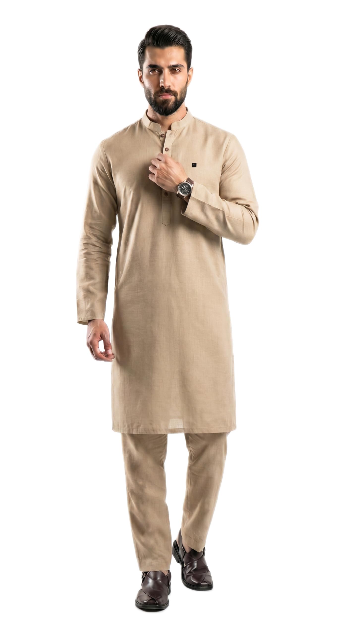 mashroo Men's Kurta Pajama Set Beige 100% Linen with Mandarin Neck for Casual and Festive Occasions-picture-16
