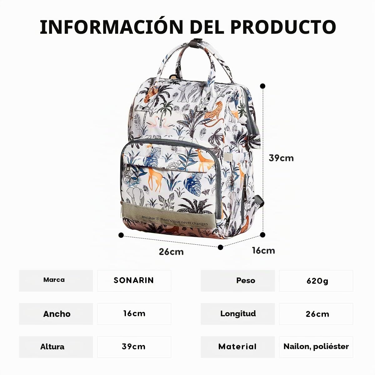 SONARIN Multifuncional Nylon Mochila de Pañales para Bebé,Gran Capacidad Impermeable Bolsa de Pañales Bolso Cambiador Bolsa de Viaje para Pañales con Cambiador & Ganchos Carrito Bebé(Animales)