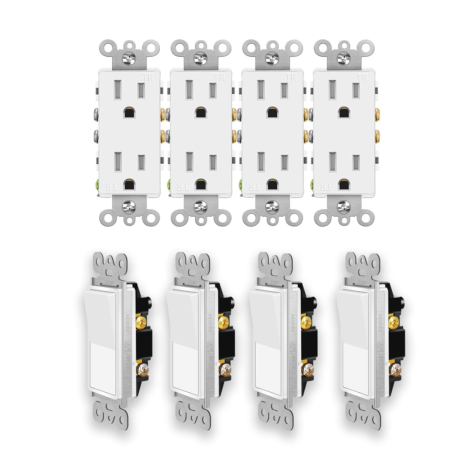Tamper Resistant Outlet+3 Way Light Switch 4 Set,Greencycle 15Amp 110V Outlet&Three Way Paddle Rocker Light Switch,Residential Commercial Grade,Ultra-Slim,Heavy Duty,Self-Grounding,UL/Cul List