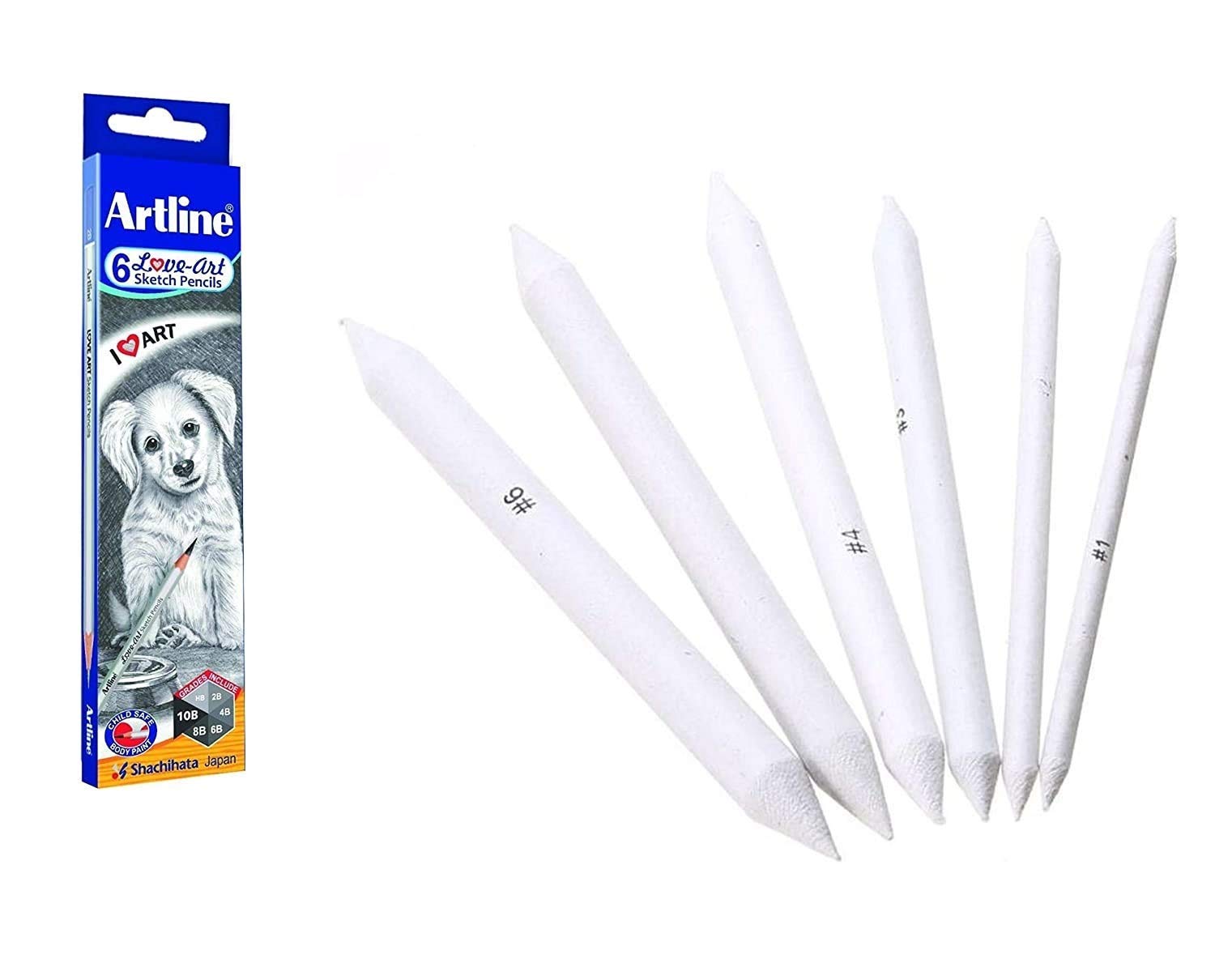 Artline Set of 6 Love-Art Sketch Pencils + Blending/Smudging Stumps Set of 6 (Size 1 to 6)