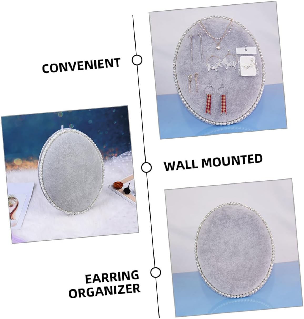 Earring Display Stand and Jewelry Organizer Rack, Large Oval Ice Gray Velvet Panel with Wall Mount, Multi-tiered Earring Holder for Home Storage and Display