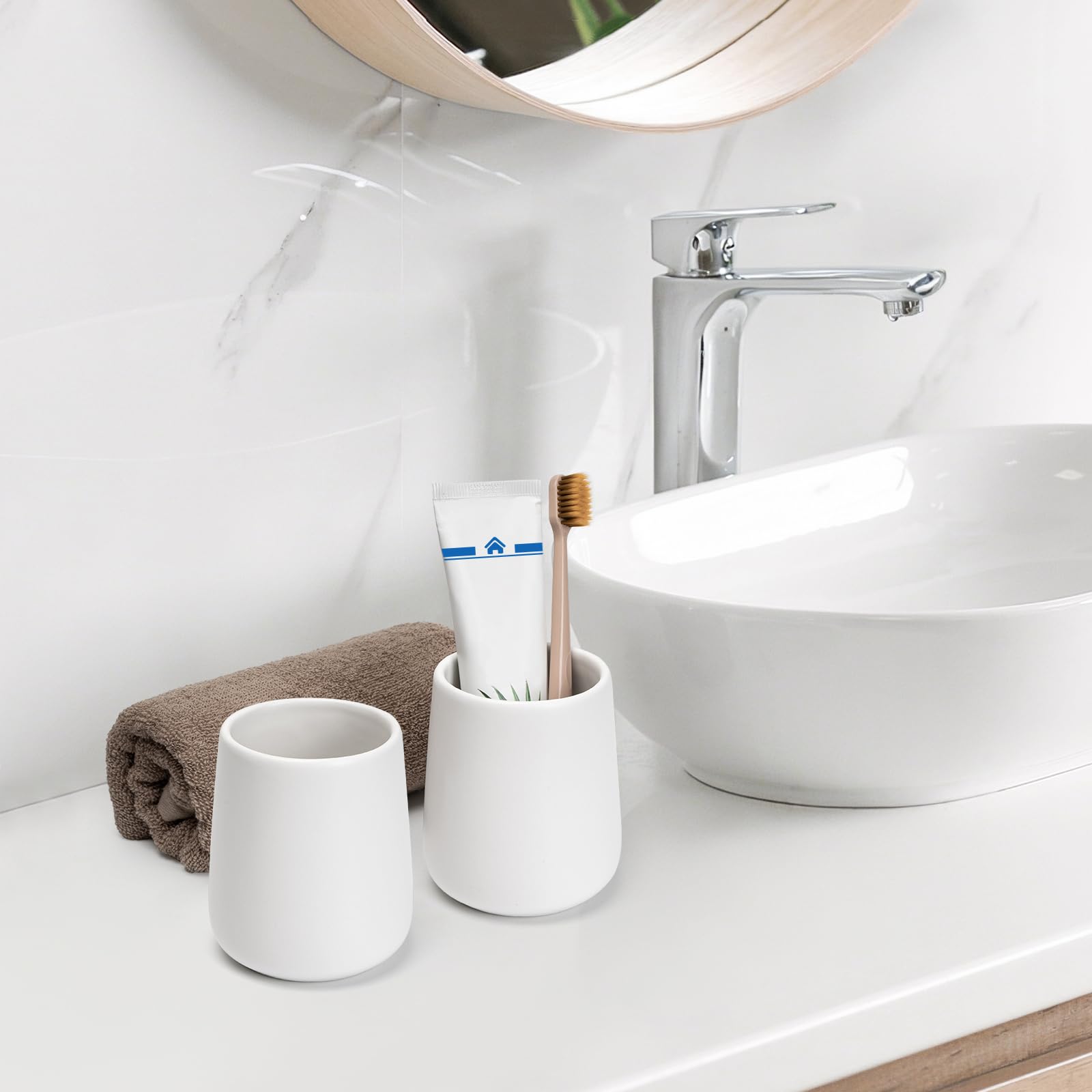 Vaso de cerámica para baño, 2 unidades, 15 onzas, reutilizable, irrompible, 450 ml, soporte para cepillo de dientes adecuado para tu baño (blanco)
