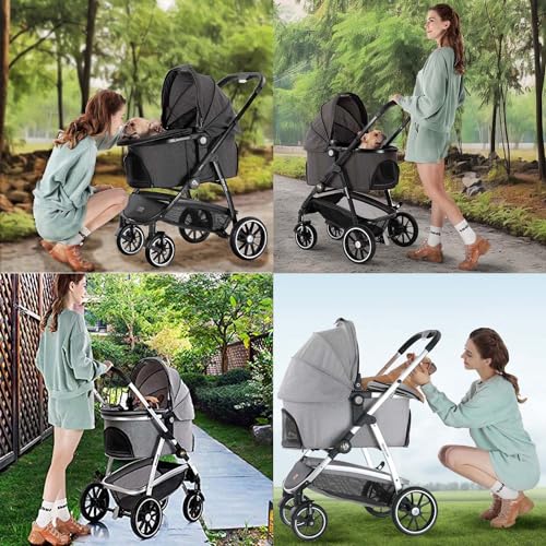 Kenyone Pet Stroller 3 in 1 Dog Stroller for Medium Small Size Dogs, Large Cat Stroller with Detachable Carrier for Puppies, Doggies, Kitties, Bunnies (C510 Gray)