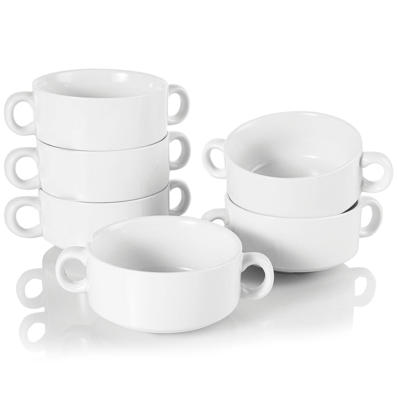 Foraineam Set di 6 ciotole in porcellana con doppio manico, 295 ml, bianche, cipolle francesi, ciotole rotonde impilabili per zuppe, cereali, farina d'avena