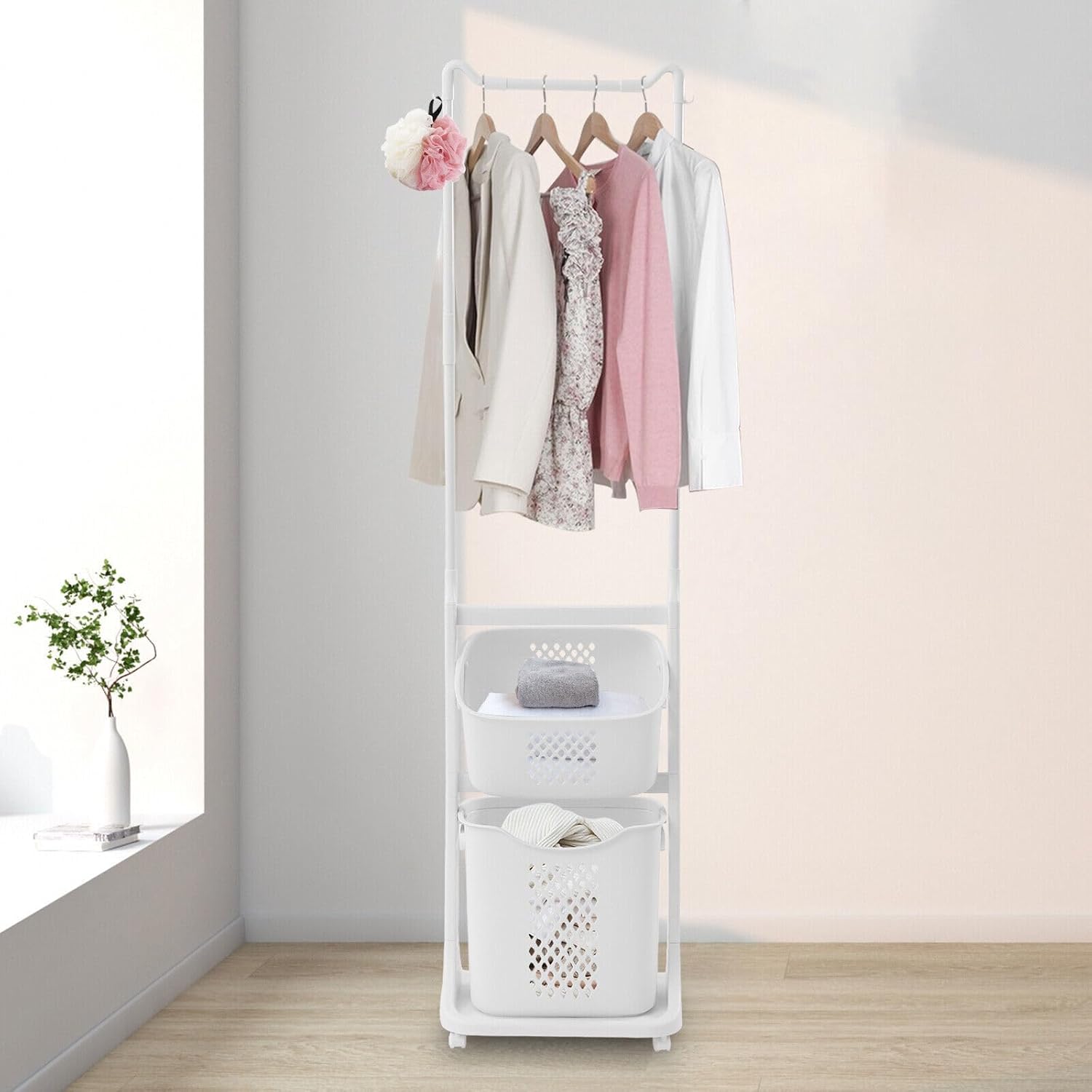 Laundry Hamper with Hanging Bar, Laundry Sorter Laundry Basket with Wheels, Laundry Hamper Garment Rack Clothes Storage Rolling Laundry Basket Organizer w/ 2 Basket, 17.3 * 13 * 68.5in