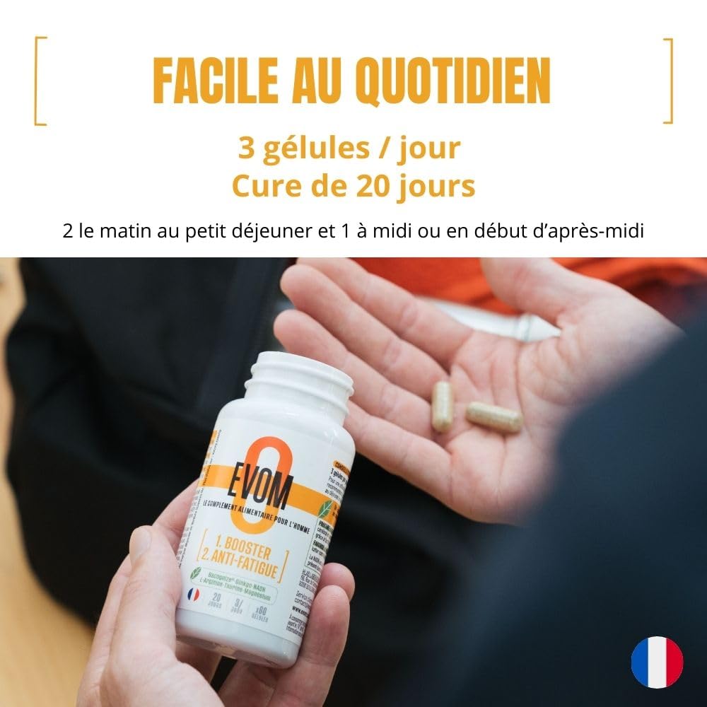 Booster Anti Fatigue Homme EVOM - Énergie Physique et Tonus Mental - Magnésium (26% VNR), Bacopa BACOGNIZE®, Ginkgo, NADH, acides aminés – Cure 20 jours – Complément Alimentaire Pour Homme