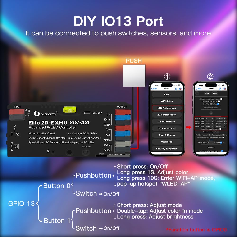 GLEDOPTO ESP32 WLED Elite Controller Relè, Ethernet, Audio Reattivo, Fusibile 20A per Strisce LED Indirizzabili Digitali WS2811, WS2812, SK6812, WS2815 (nero)