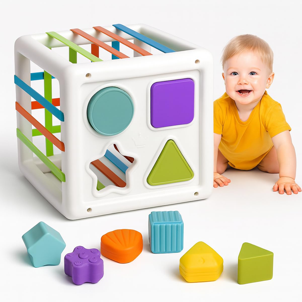 Toyana 11 in 1 Baby Shape Sorter Montessori Sensory Cube with Elastic Bands, Soft Edges, Multi-Textured Blocks Fine Motor Travel Skill Learning & Sorting Activity Toy for Toddler Gift 6+ Months